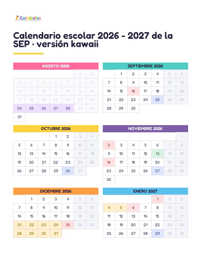 Calendario escolar 2026 - 2027 de la SEP · versión kawaii