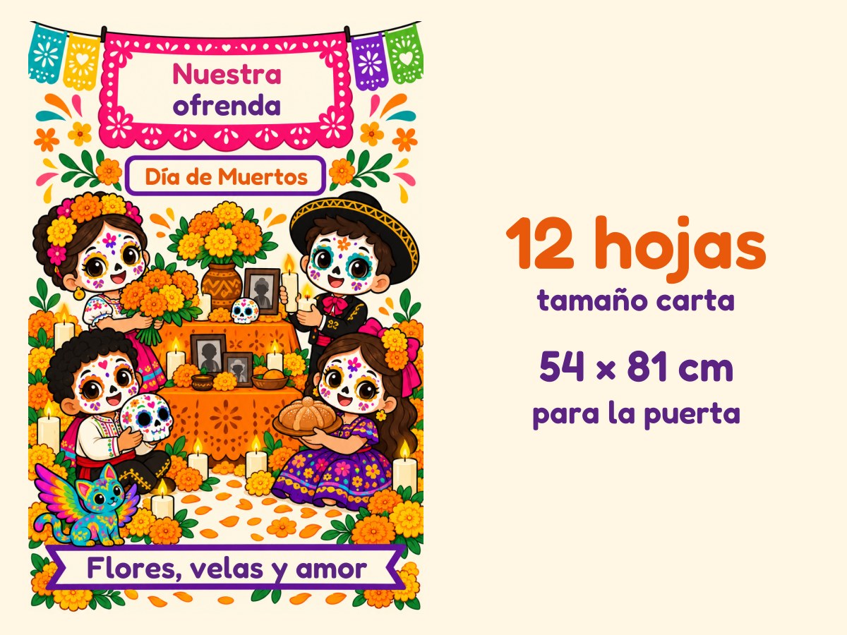 Cartel de puerta de Día de Muertos · Niños con su ofrenda · 12 hojas