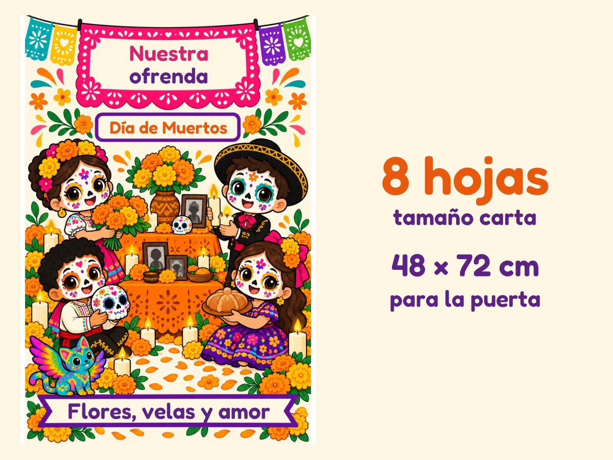 Cartel de puerta de Día de Muertos · Niños con su ofrenda · 8 hojas
