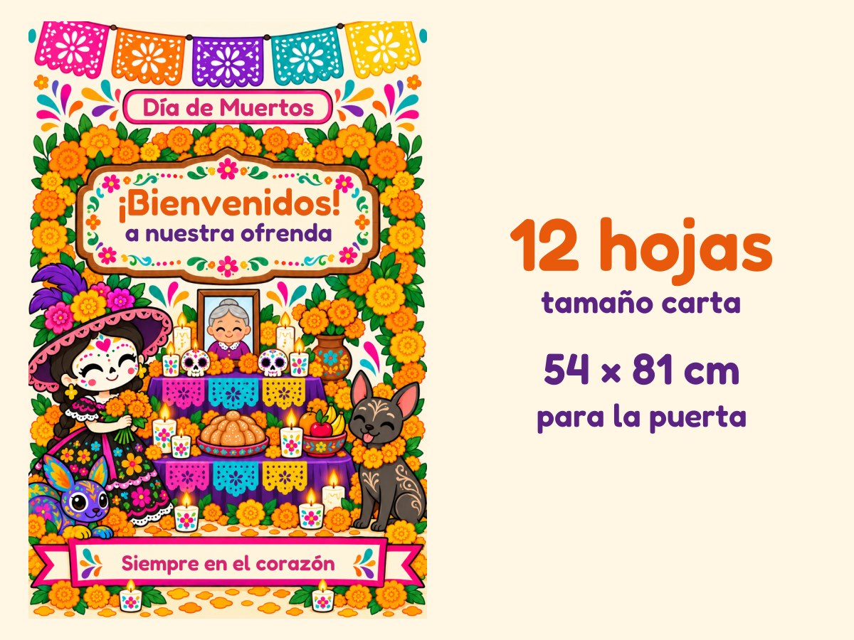 Cartel de puerta de Día de Muertos · Ofrenda con arco de cempasúchil · 12 hojas
