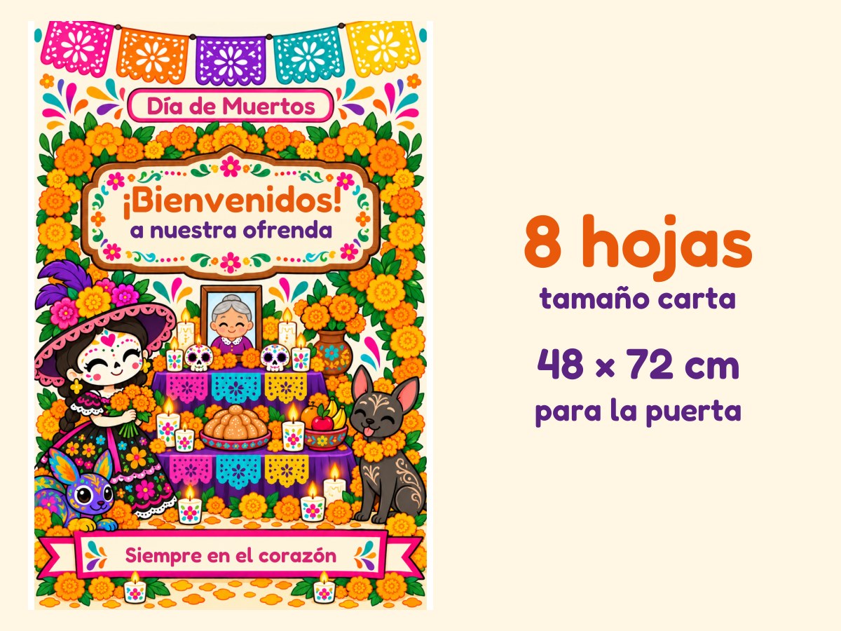 Cartel de puerta de Día de Muertos · Ofrenda con arco de cempasúchil · 8 hojas