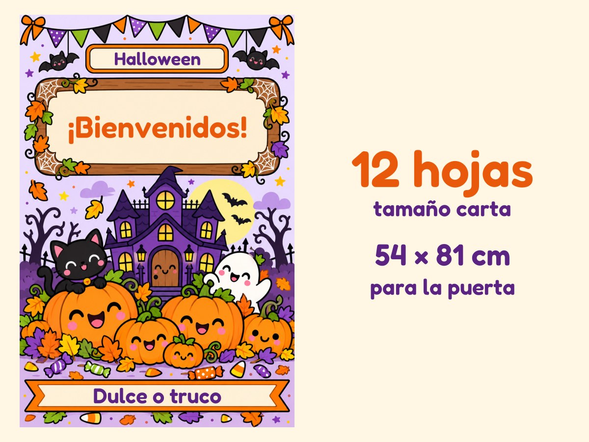 Cartel de puerta de Halloween · Calabazas y casita encantada · 12 hojas