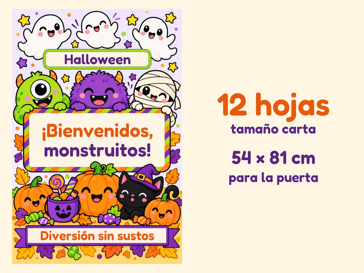 Cartel de puerta de Halloween · Fantasmitas y monstruitos · 12 hojas