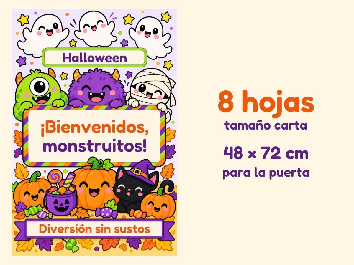 Cartel de puerta de Halloween · Fantasmitas y monstruitos · 8 hojas