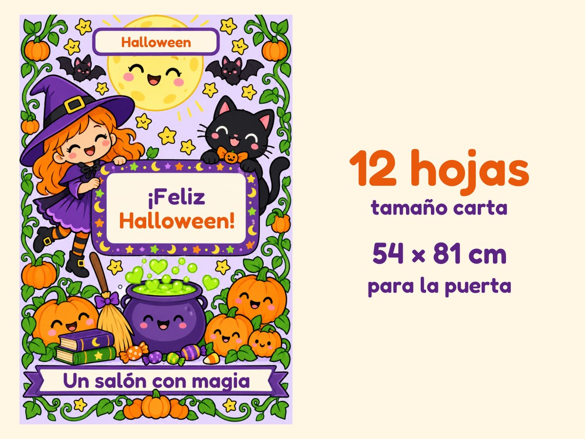 Cartel de puerta de Halloween · La brujita y su caldero · 12 hojas