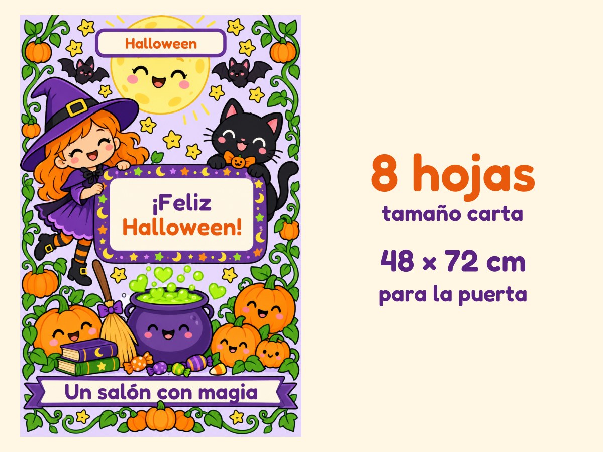 Cartel de puerta de Halloween · La brujita y su caldero · 8 hojas