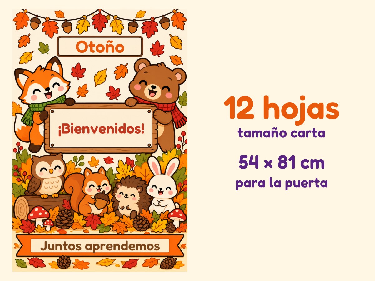 Cartel de puerta de Otoño · Animalitos del bosque · 12 hojas