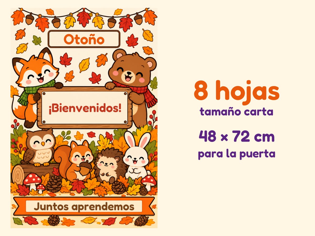Cartel de puerta de Otoño · Animalitos del bosque · 8 hojas