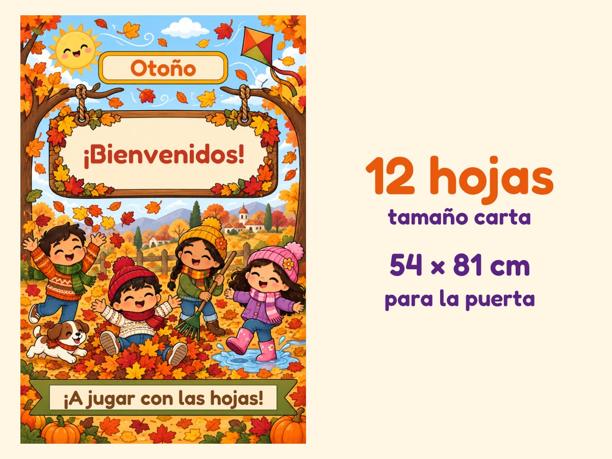 Cartel de puerta de Otoño · Niños jugando con las hojas · 12 hojas