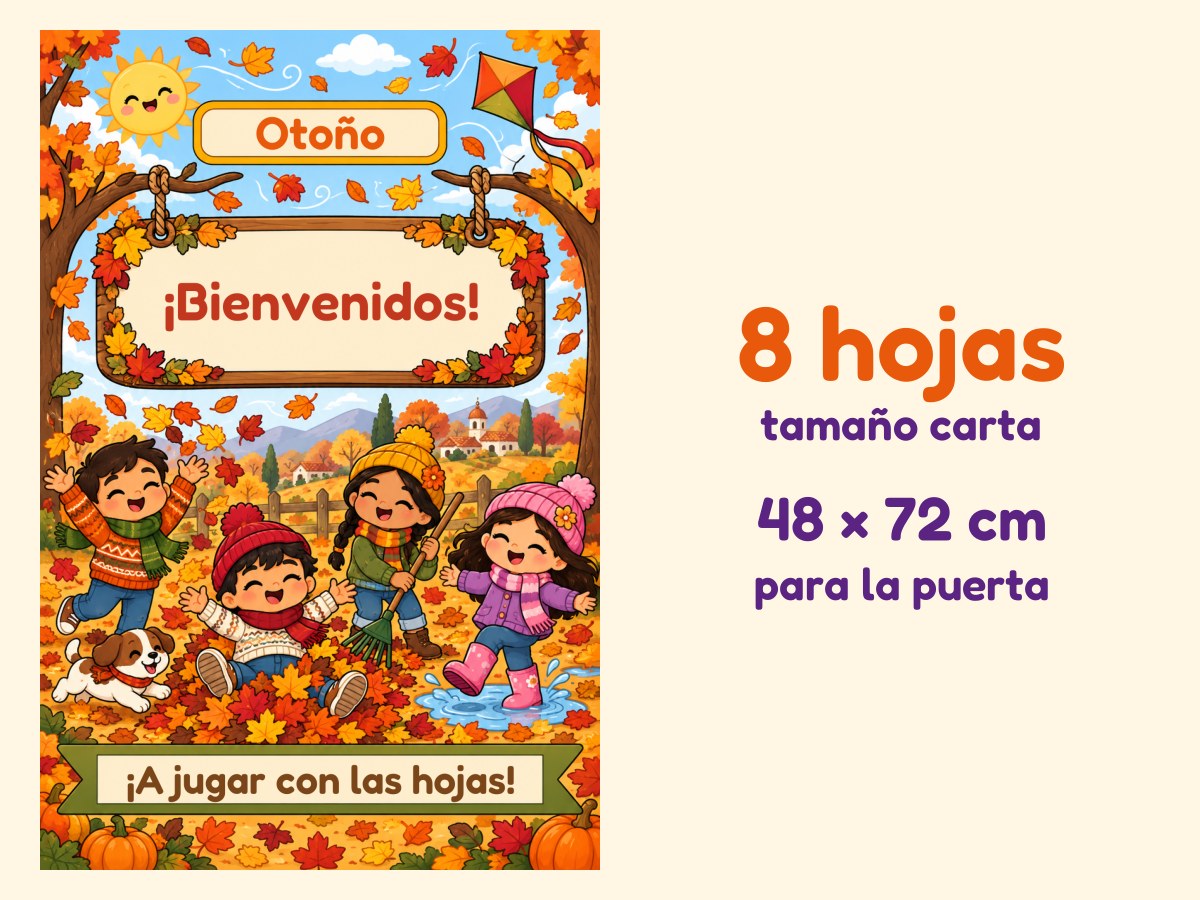 Cartel de puerta de Otoño · Niños jugando con las hojas · 8 hojas