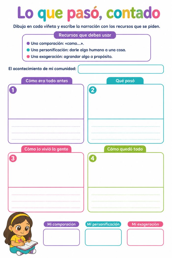 Creación y representación de narrativas a partir de acontecimientos relevantes de la comunidad, empleando recursos literarios, visuales, corporales y…