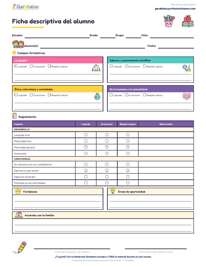 Ficha descriptiva del alumno · Preescolar · versión kawaii