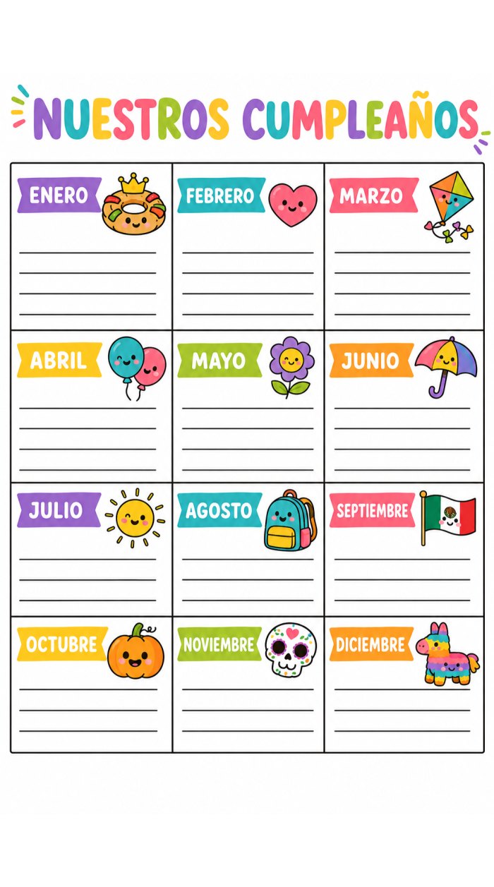 Los cumpleaños del salón · Referente de pared para imprimir en grande