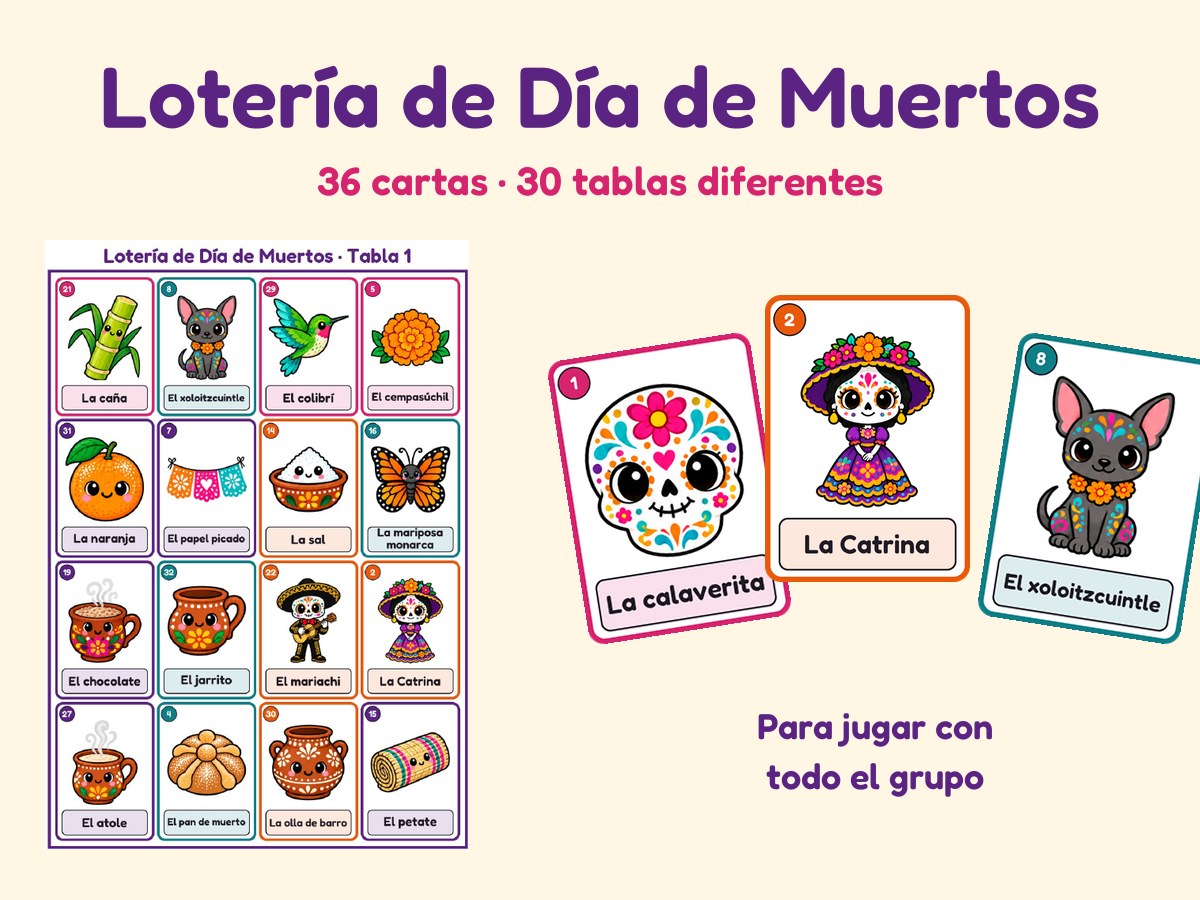 Lotería de Día de Muertos · 36 cartas y 30 tablas para imprimir