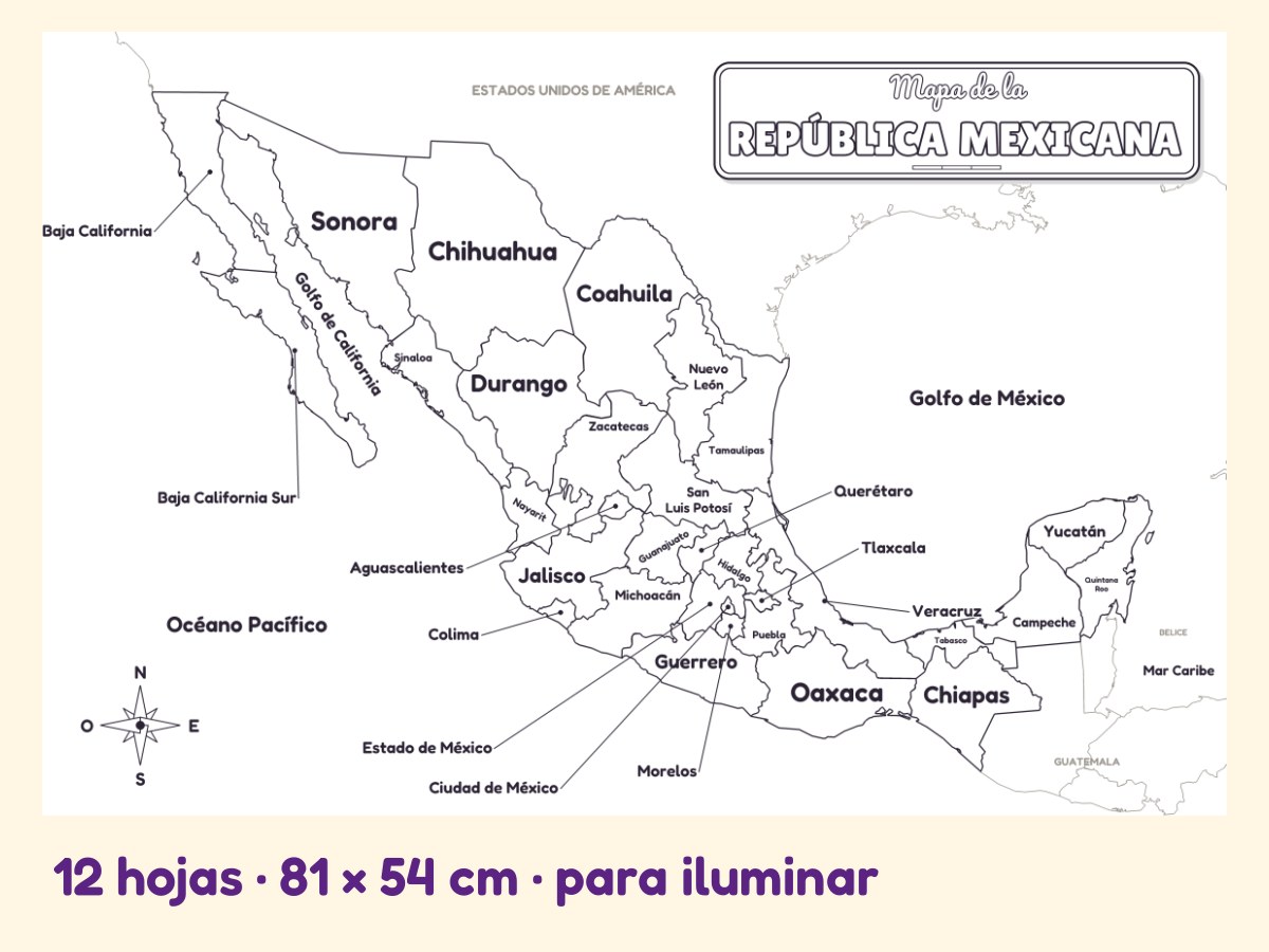 Mapa de la República Mexicana · Referente de pared · para iluminar · 12 hojas
