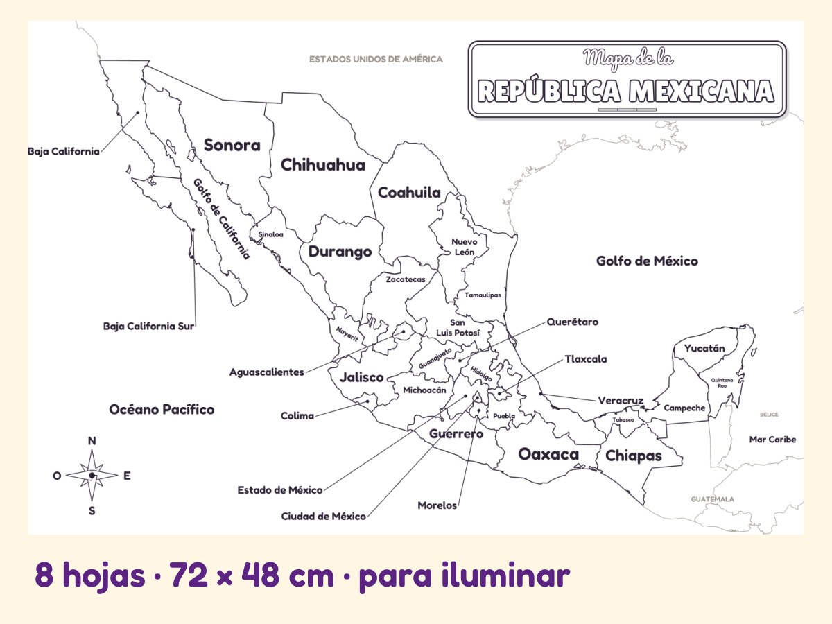 Mapa de la República Mexicana · Referente de pared · para iluminar · 8 hojas