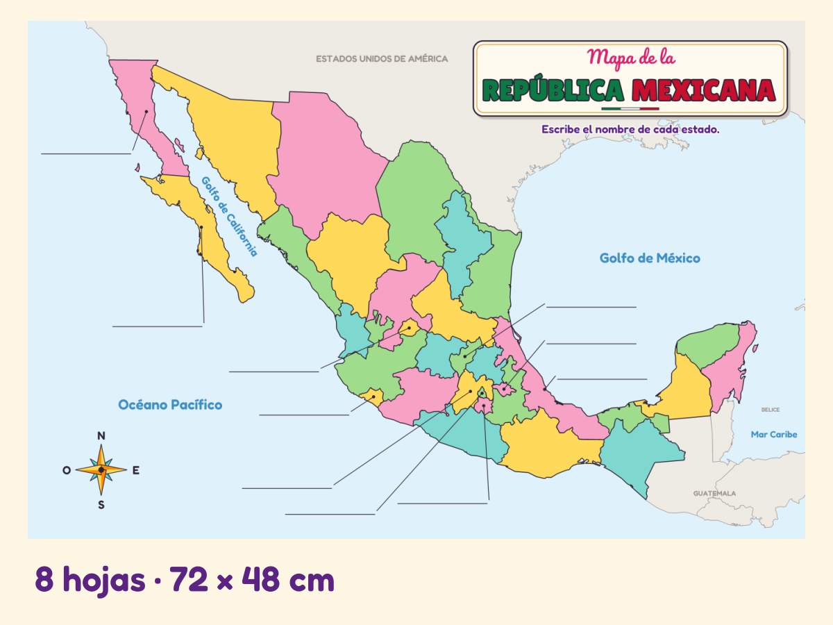 Mapa mudo de la República Mexicana · Referente de pared · 8 hojas