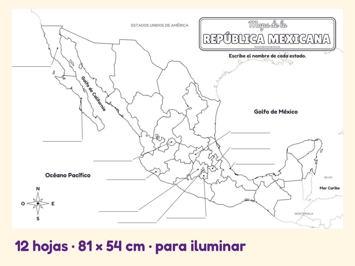 Mapa mudo de la República Mexicana · Referente de pared · para iluminar · 12 hojas