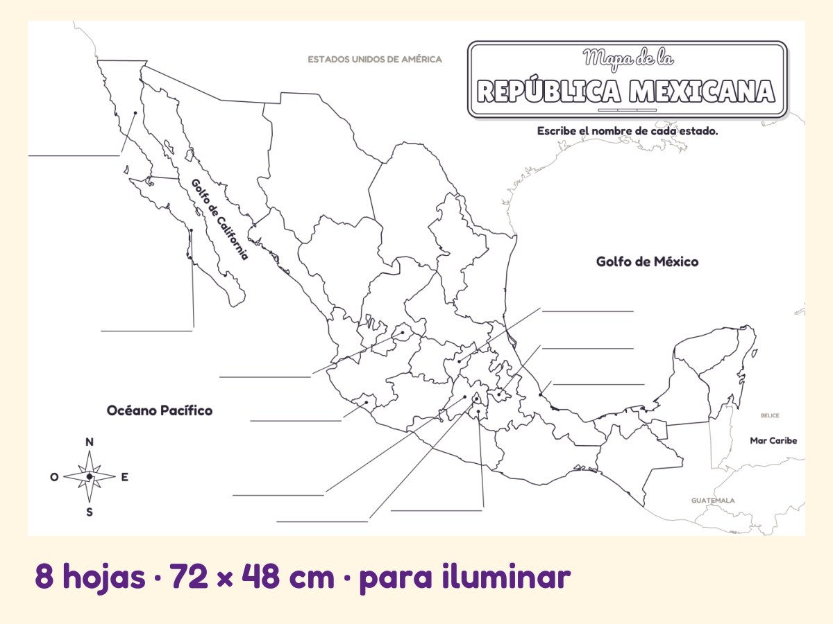 Mapa mudo de la República Mexicana · Referente de pared · para iluminar · 8 hojas