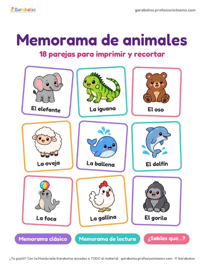 Memorama de animales · 18 parejas para imprimir
