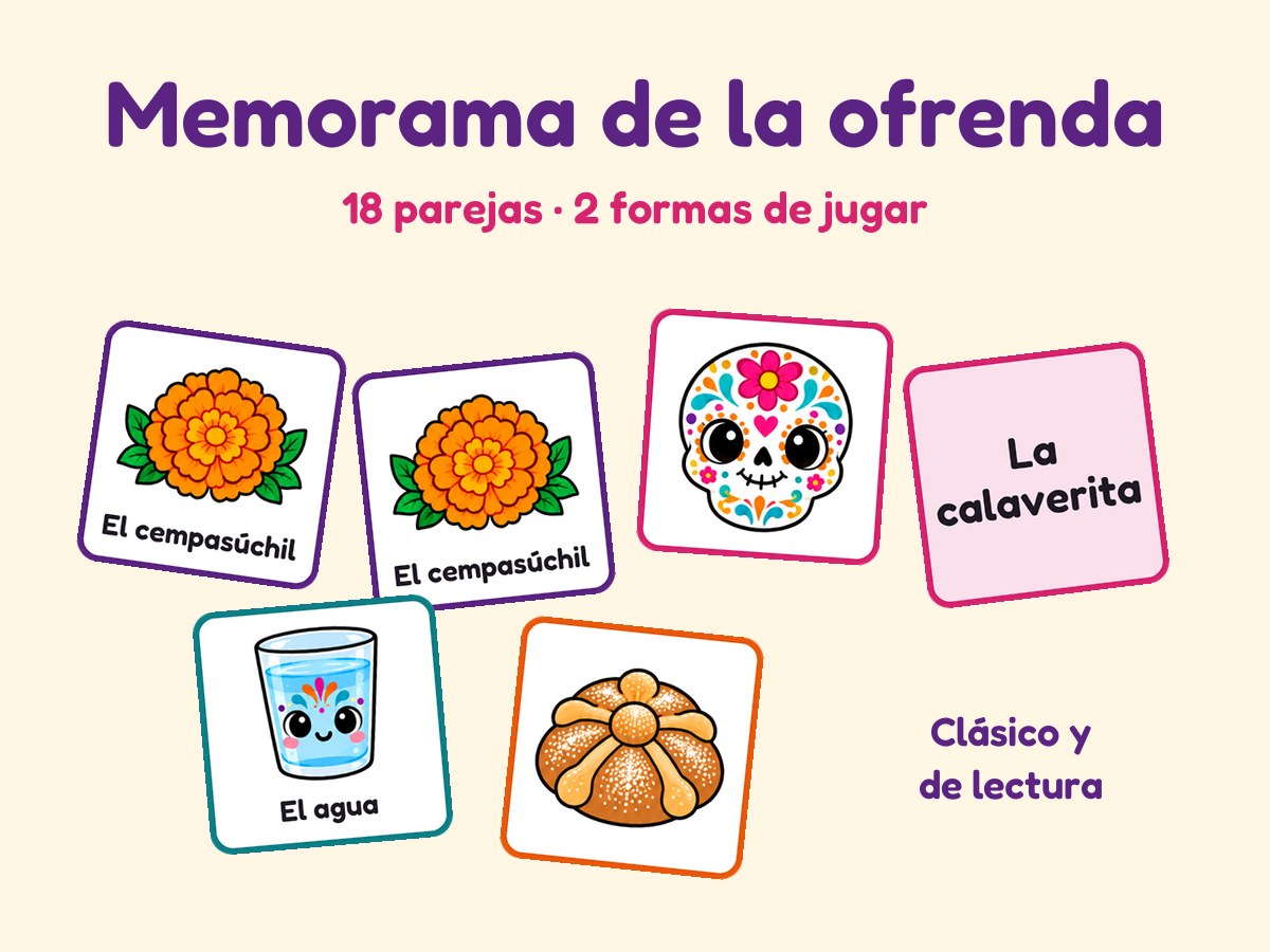 Memorama de la ofrenda · Día de Muertos · 18 parejas para imprimir