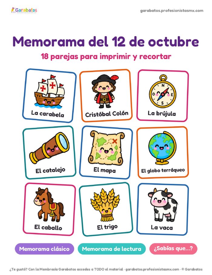 Memorama del 12 de octubre · 18 parejas para imprimir