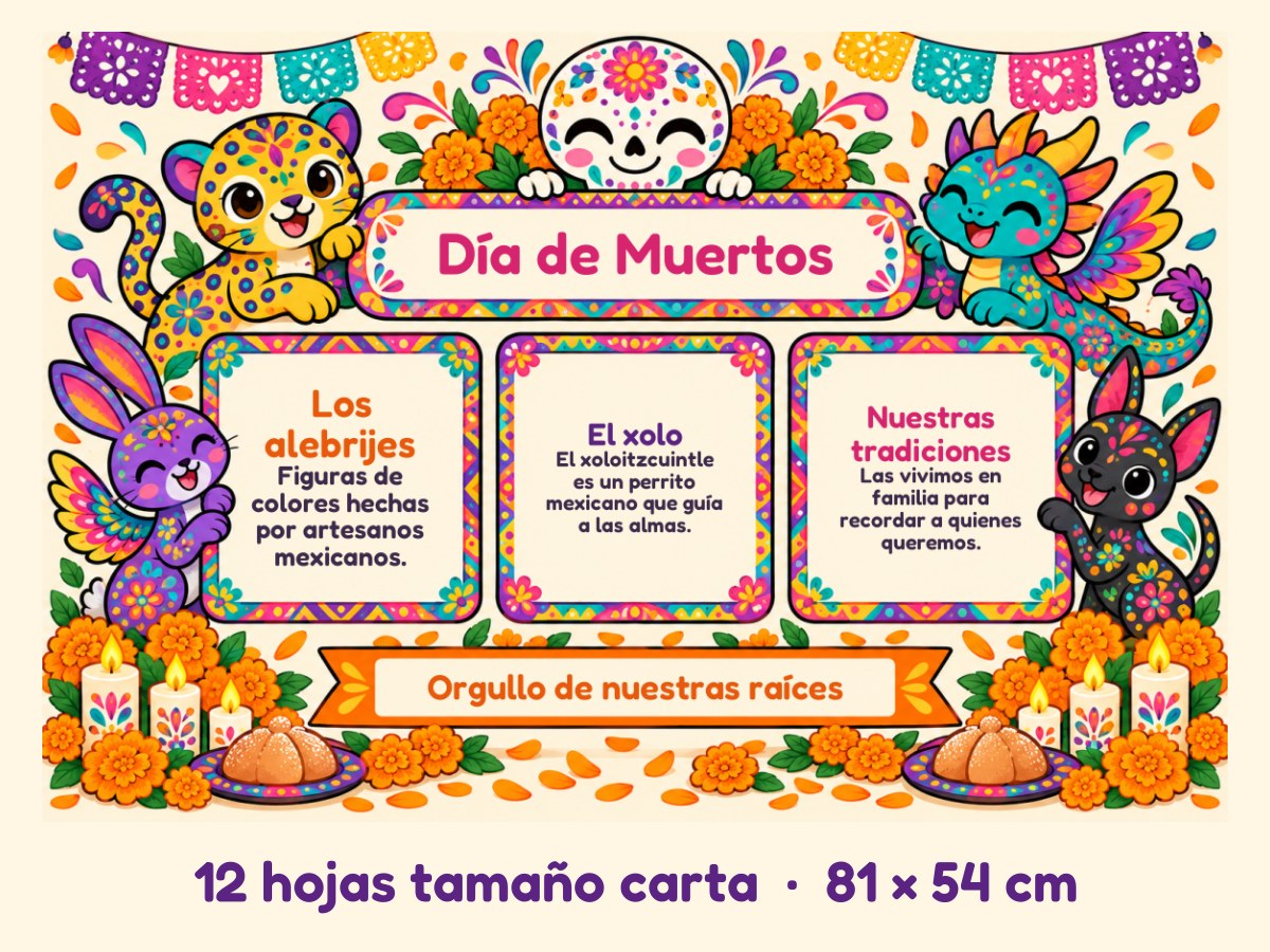 Periódico mural de Día de Muertos · Alebrijes · 12 hojas