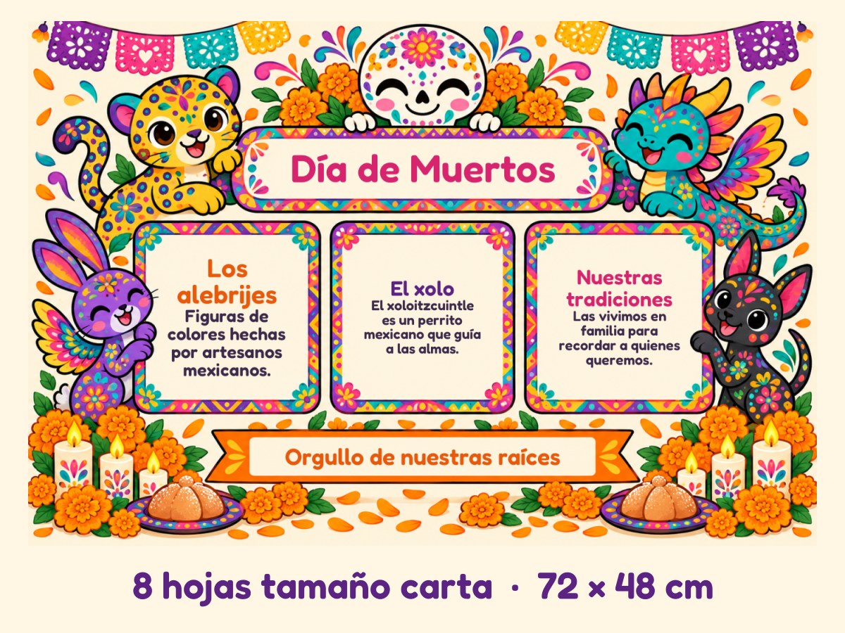 Periódico mural de Día de Muertos · Alebrijes · 8 hojas