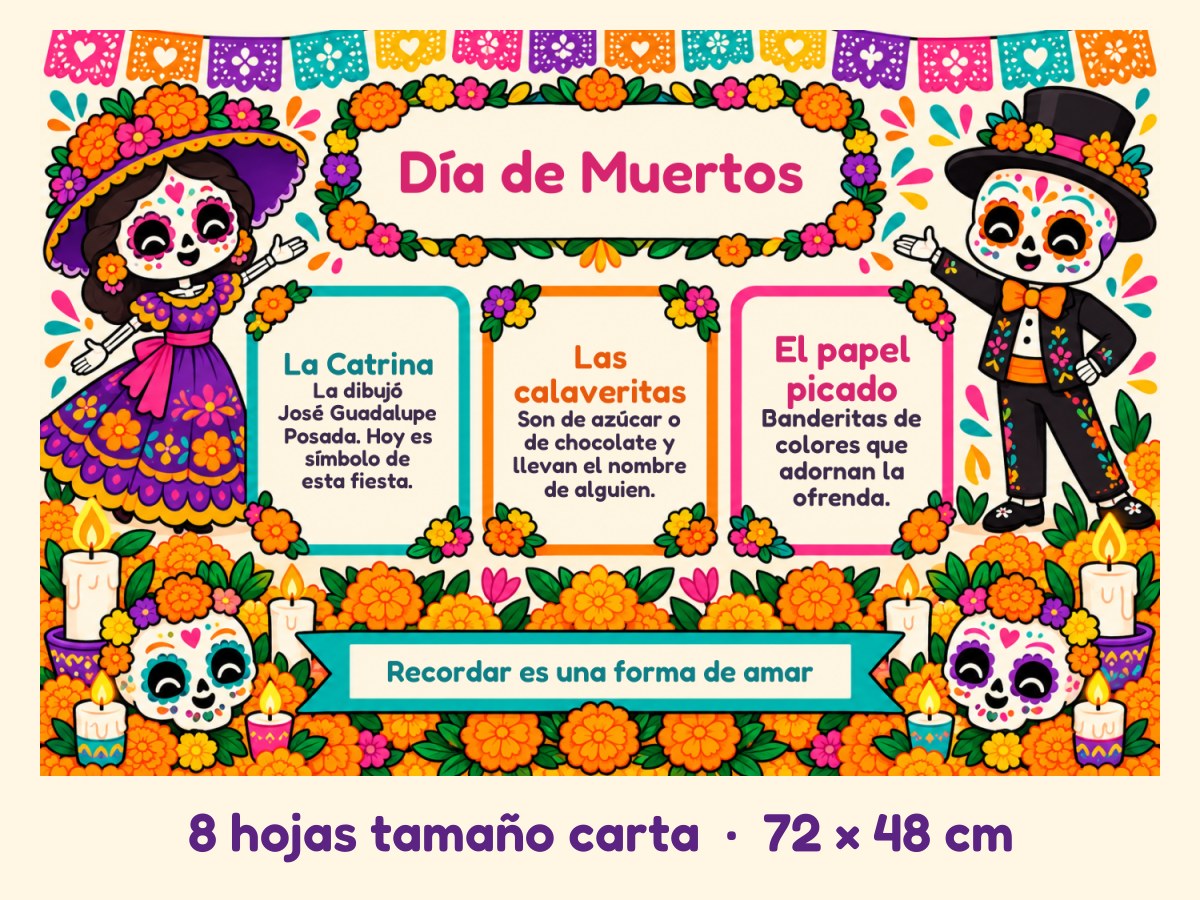 Periódico mural de Día de Muertos · Catrina y Catrín · 8 hojas