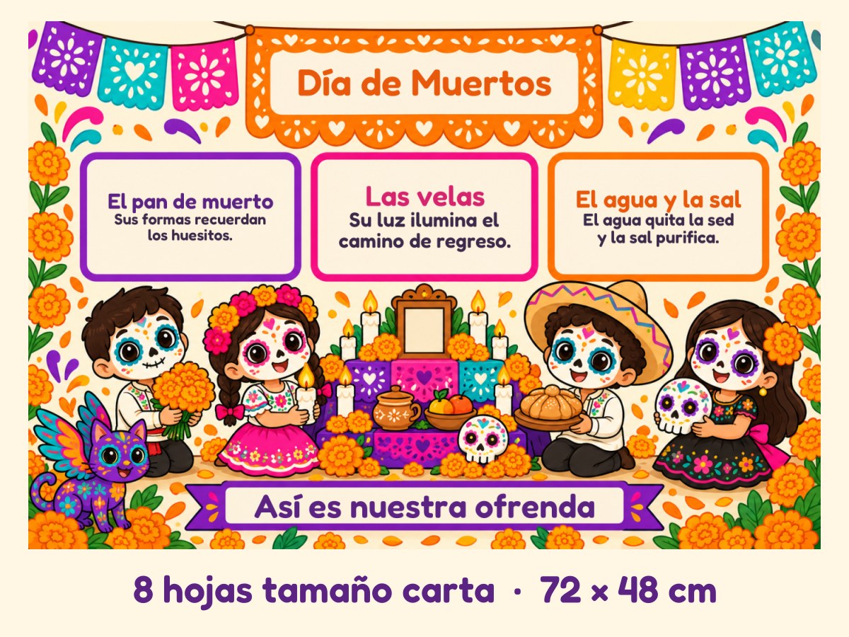 Periódico mural de Día de Muertos · Niños y su ofrenda · 8 hojas