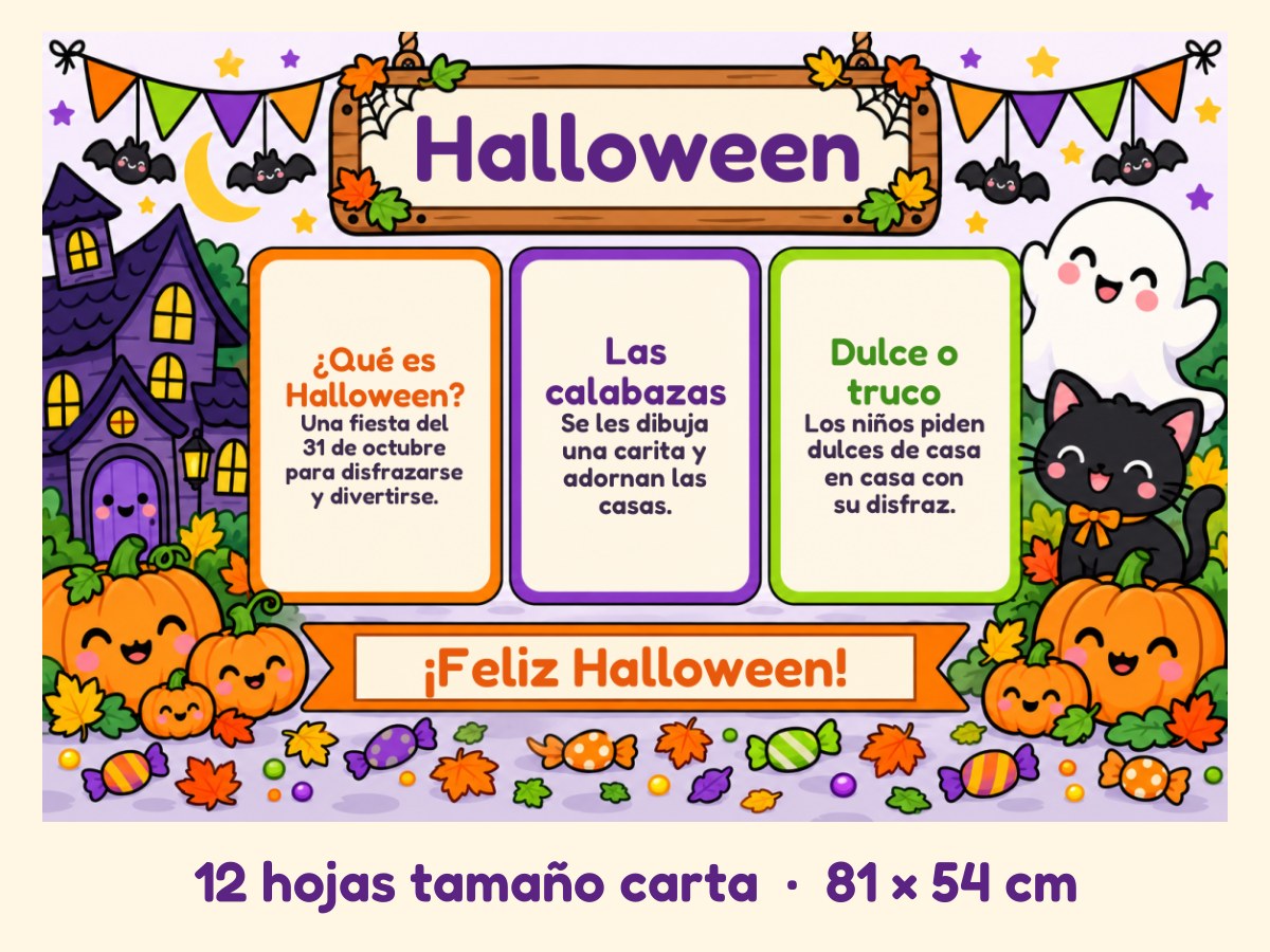 Periódico mural de Halloween · Calabazas y casita encantada · 12 hojas