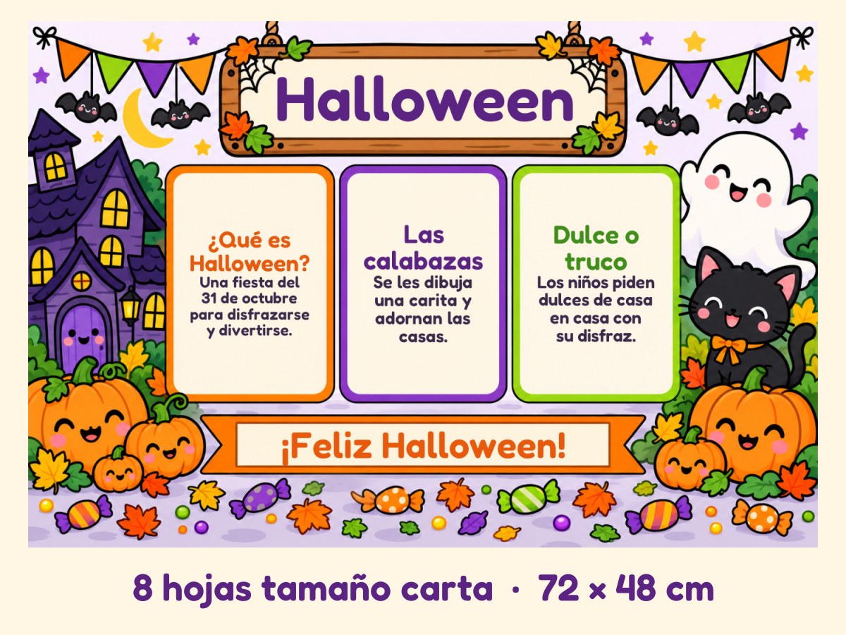 Periódico mural de Halloween · Calabazas y casita encantada · 8 hojas
