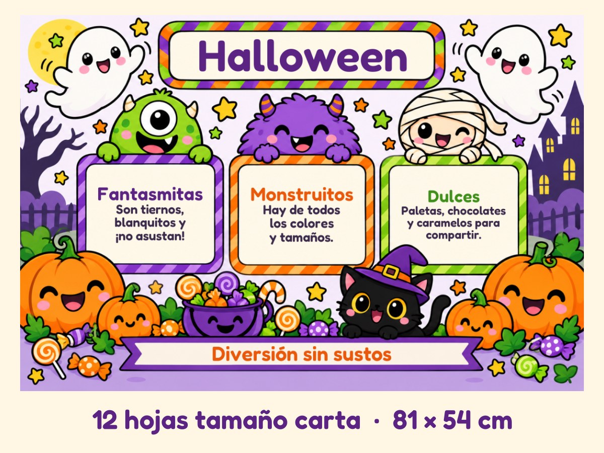 Periódico mural de Halloween · Fantasmitas y monstruitos · 12 hojas