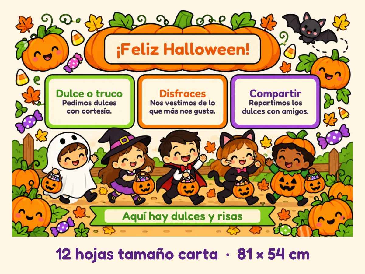 Periódico mural de Halloween · Niños disfrazados · 12 hojas