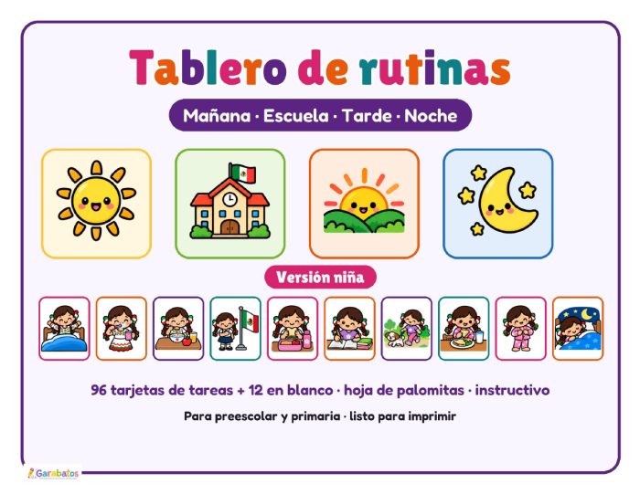 Tablero de rutinas versión niña: mañana, escuela, tarde y noche · 96 tarjetas