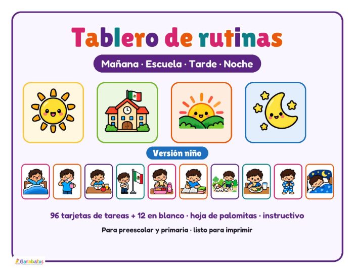 Tablero de rutinas versión niño: mañana, escuela, tarde y noche · 96 tarjetas