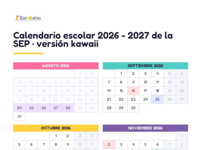 Calendario escolar 2026 - 2027 de la SEP · versión kawaii