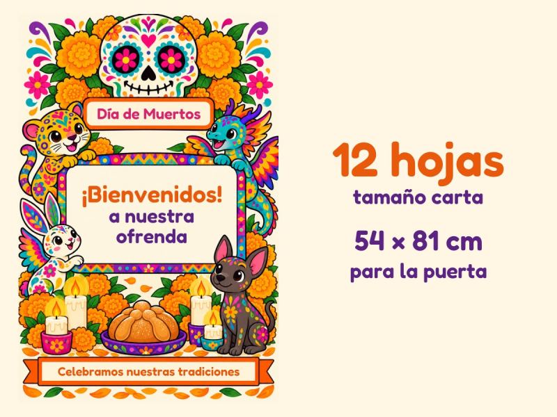 Portada de Cartel de puerta de Día de Muertos · Alebrijes y calaverita · 12 hojas