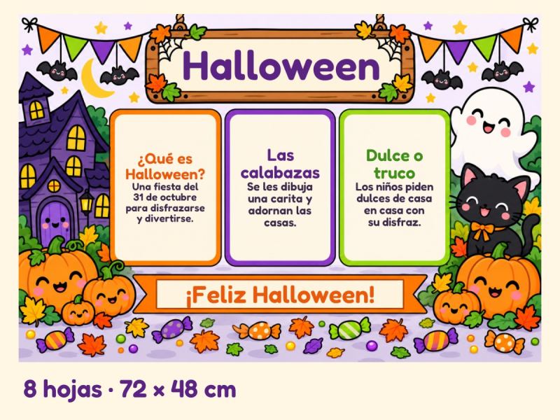 Portada de Periódico mural de Halloween · Calabazas y casita encantada · 8 hojas