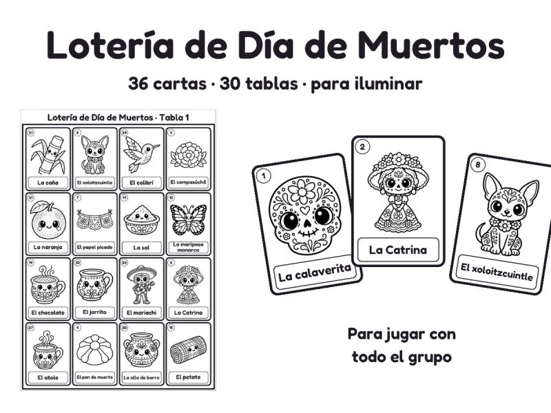 Lotería de Día de Muertos · 36 cartas y 30 tablas para imprimir