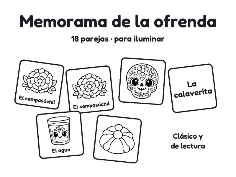 Memorama de la ofrenda · Día de Muertos · 18 parejas para imprimir