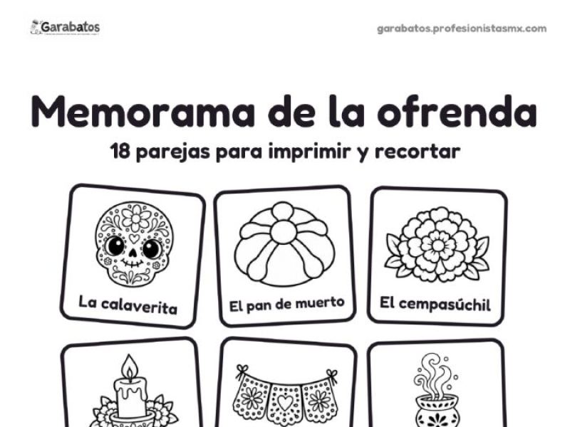 Memorama de la ofrenda · Día de Muertos · 18 parejas para imprimir