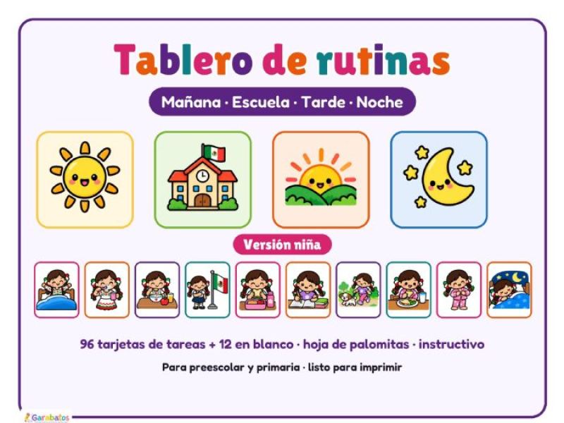 Portada de Tablero de rutinas versión niña: mañana, escuela, tarde y noche · 96 tarjetas