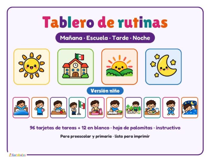 Portada de Tablero de rutinas versión niño: mañana, escuela, tarde y noche · 96 tarjetas